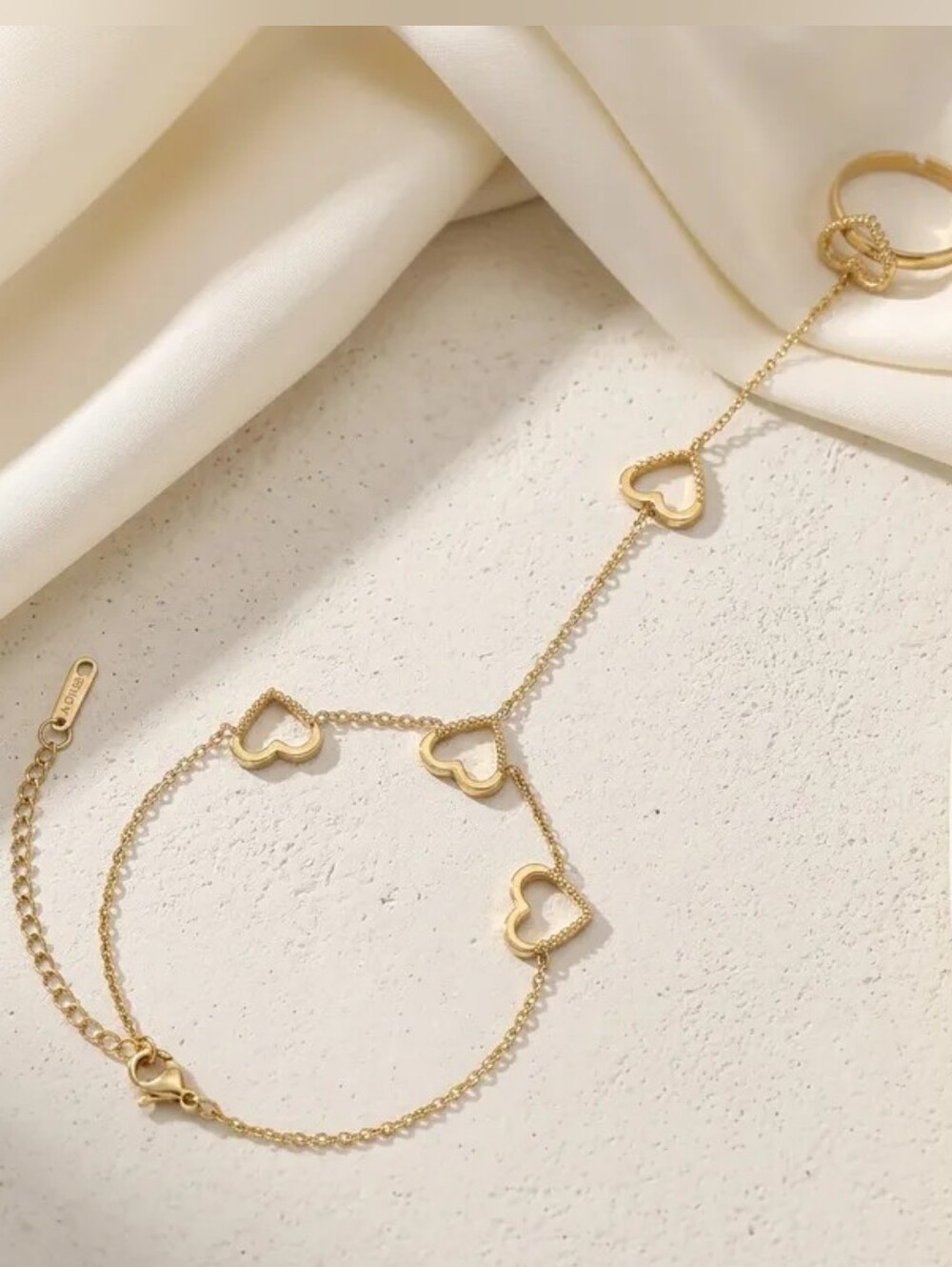 Gold Heart Hand Chain Bracelet Ring Combo Stainless Steel - Picture 4 of 13